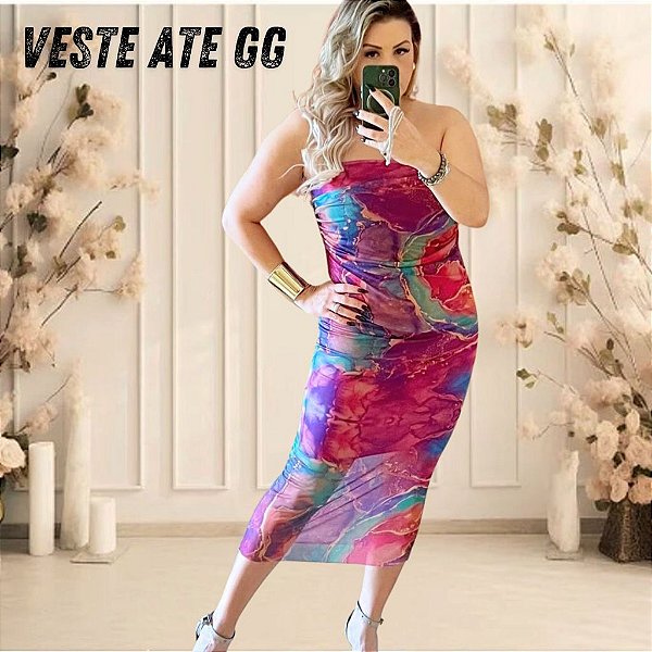 Vestido Tomara que caia em Tule de Malha Marmorizado Midi Longo com Forro sem bojo pink e azul com verde Com elastano