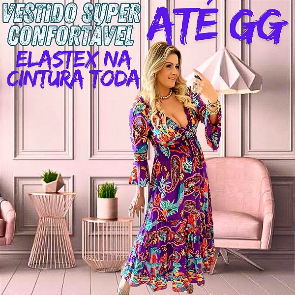 VESTIDO ESTAMPADO DELHI COLORIDO LONGO MIDI MANGA LONGA 3/4 FEMININO BABADOS
