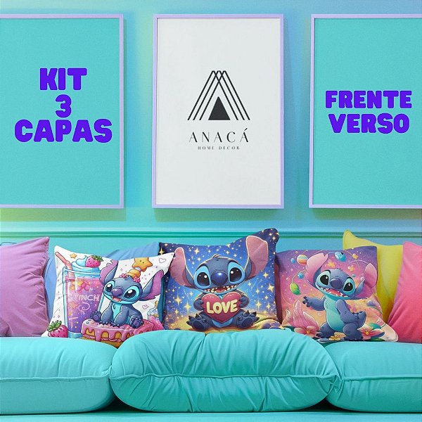 KIT 3 CAPAS PARA ALMOFADAS LILO STITCH ESTAMPA FRENTE E VERSO DIGITAL CORES VIVAS 45CM X 45CM PARA QUARTO MENINAS