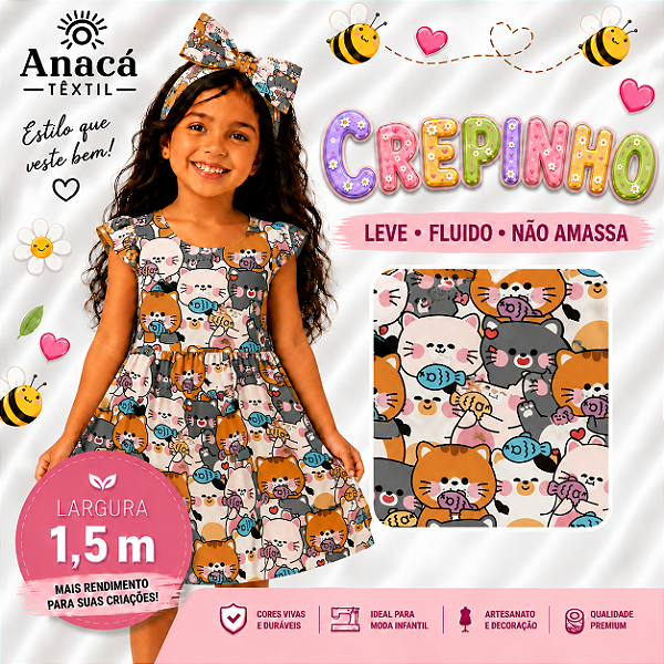 TECIDO CREPINHO GATINHO PARA CONFECÇÃO DE VESTIDOS, SAIAS, BLUSAS, ETC