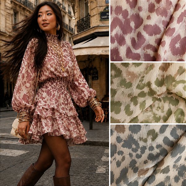 TECIDO CREPINHO ANIMAL PRINT ONÇA LEOPARDO PARA CONFECÇÃO DE VESTIDOS, SAIAS, BLUSAS, ETC