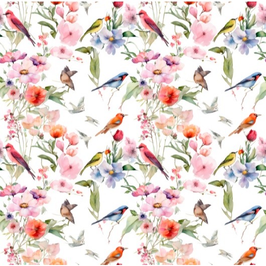 TECIDO FLUID PÁSSAROS NO JARDIM PRIMAVERA PARA CONFECÇÃO DE VESTIDOS, SAIAS, BLUSAS, ETC