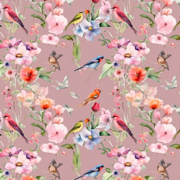 TECIDO CREPINHO JARDIM FLORAL COM PÁSSAROS PARA CONFECÇÃO DE VESTIDOS, SAIAS, BLUSAS, ETC