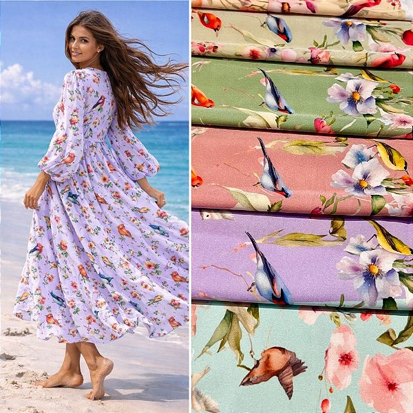 TECIDO CREPINHO JARDIM FLORAL COM PÁSSAROS PARA CONFECÇÃO DE VESTIDOS, SAIAS, BLUSAS, ETC
