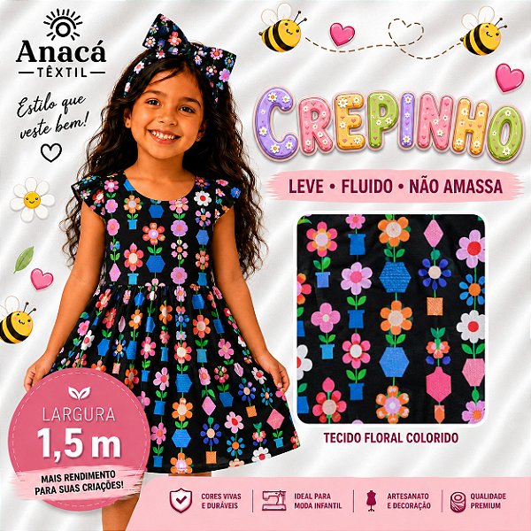 TECIDO CREPINHO FLORAL INFANTIL COLORIDA MODA KIDS VASOS GEOMÉTRICOS PARA CONFECÇÃO DE VESTIDOS, SAIAS, BLUSAS, ETC.