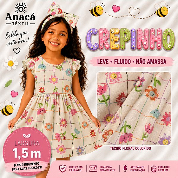 TECIDO CREPINHO FLORAL INFANTIL COLORIDA FLORES COM CARINHAS FOFAS PARA CONFECÇÃO DE VESTIDOS, SAIAS, BLUSAS, ETC.