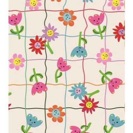 TECIDO CREPINHO FLORAL INFANTIL COLORIDA FLORES COM CARINHAS FOFAS PARA CONFECÇÃO DE VESTIDOS, SAIAS, BLUSAS, ETC.