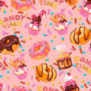 TECIDO CREPINHO DOCES CANDY DONUTS BOLOS CUPCAKES PARA CONFECÇÃO DE VESTIDOS, SAIAS, BLUSAS, ETC.