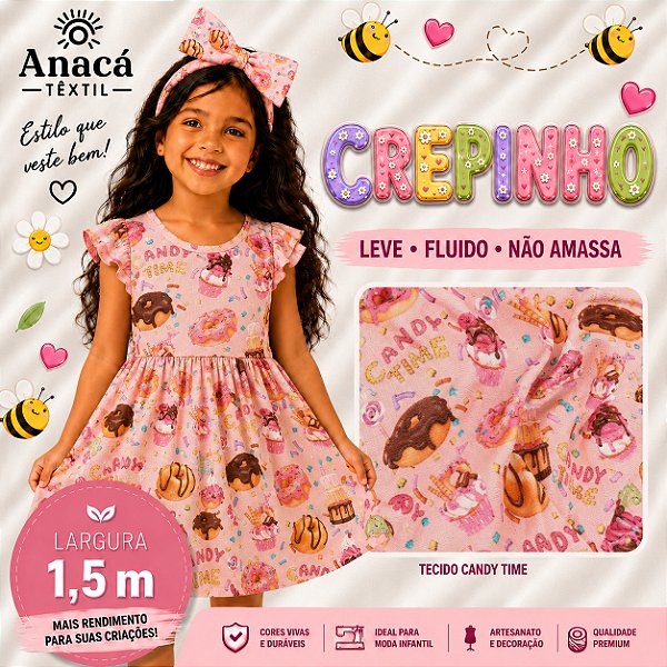TECIDO CREPINHO DOCES CANDY DONUTS BOLOS CUPCAKES PARA CONFECÇÃO DE VESTIDOS, SAIAS, BLUSAS, ETC.