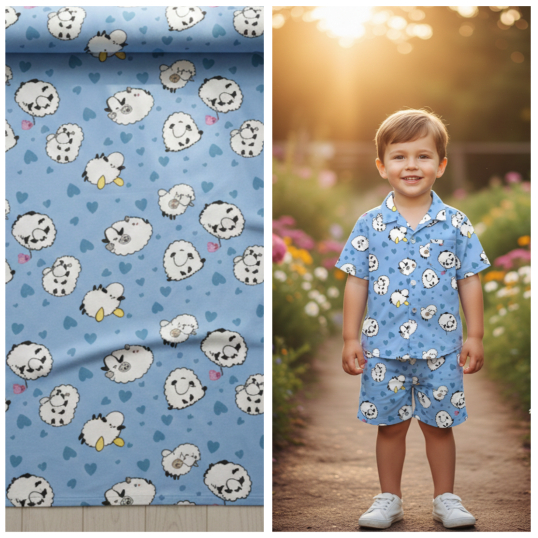 TECIDO CREPINHO CARNEIRINHOS FOFO INFANTIL FUNDO AZUL COM CORAÇÕES PARA CONFECÇÃO DE VESTIDOS, SAIAS, BLUSAS, ETC.