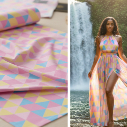 TECIDO CREPINHO TRIÂNGULOS GEOMÉTRICO CANDY COLORS PASTEL MODA TENDÊNCIA PARA CONFECÇÃO DE VESTIDOS, SAIAS, BLUSAS, ETC.