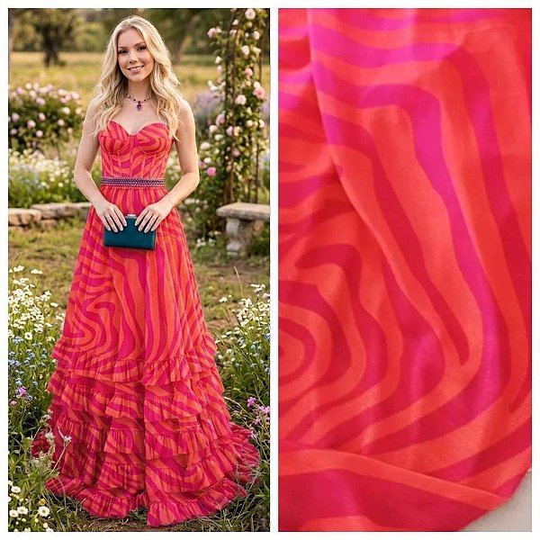 TECIDO TULE DE MALHA LISTRAS DE ZEBRAS LARANJA E ROSA PARA CONFECÇÃO DE VESTIDOS, SAIAS, BLUSAS, ETC