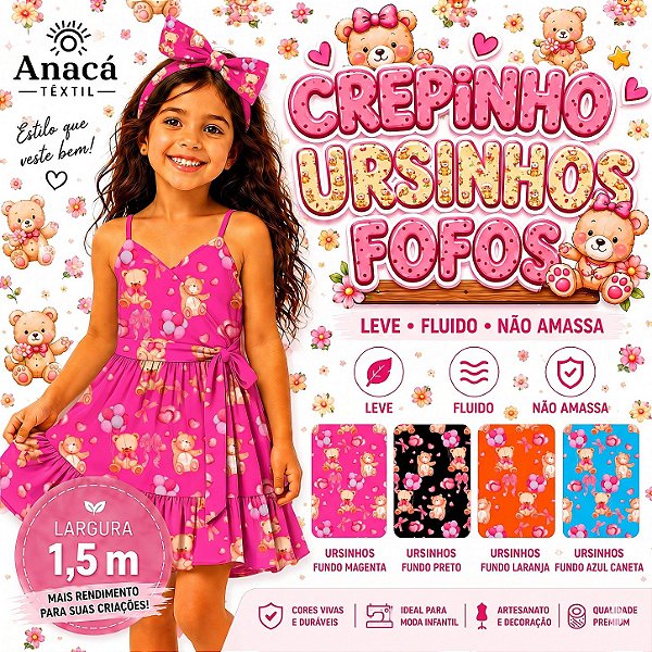 TECIDO CREPINHO URSINHOS FOFOS 1 LAÇOS CORAÇÕES TEDDY BALÕES BALLOONS PARA CONFECÇÃO DE VESTIDOS, SAIAS, BLUSAS, E