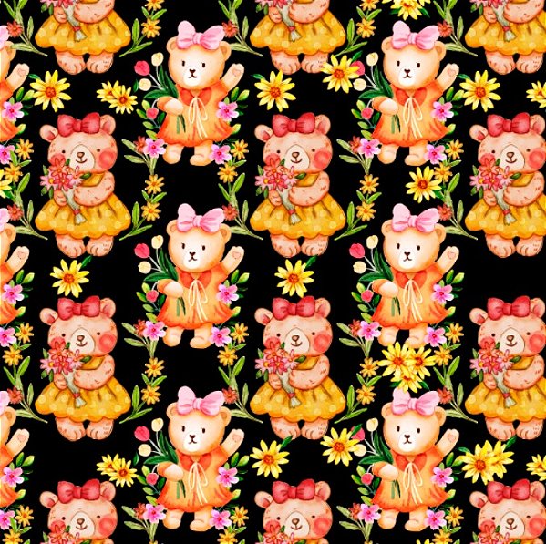 TECIDO CREPINHO URSINHOS FOFOS 2 URSA FLORAL COM LAÇO E FLORES PARA CONFECÇÃO DE VESTIDOS, SAIAS, BLUSAS, E