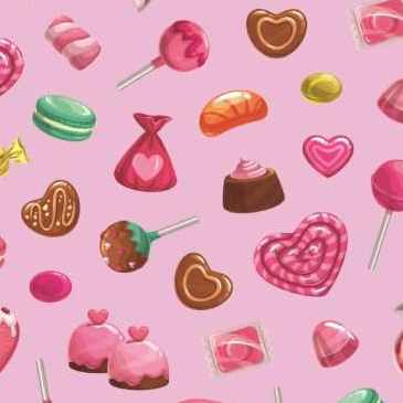 TECIDO CREPINHO DOCES 3 E BALAS CORAÇÃO LOVE CANDY PIRULITOS CHOCOLATE PARA CONFECÇÃO DE VESTIDOS, SAIAS, BLUSAS, ETC