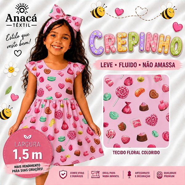 TECIDO CREPINHO DOCES 3 E BALAS CORAÇÃO LOVE CANDY PIRULITOS CHOCOLATE PARA CONFECÇÃO DE VESTIDOS, SAIAS, BLUSAS, ETC
