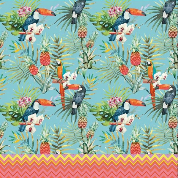 TECIDO CREPINHO FAARM 1 TUCANOS E ABACAXIS AZUL PARA CONFECÇÃO DE VESTIDOS, SAIAS, BLUSAS, ETC