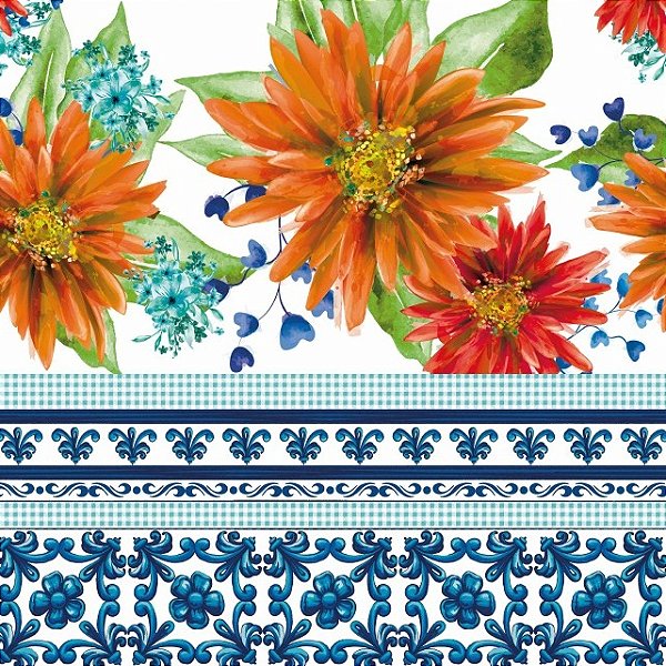 TECIDO CREPINHO FLORES LARANJAS COM VICHY E AZULEIJOS AZUL PARA CONFECÇÃO DE VESTIDOS, SAIAS, BLUSAS, ETC