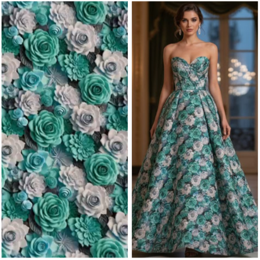 TECIDO CREPINHO JARDIM FLORIDO ROSAS RELEVO 3D LUXO PARA CONFECÇÃO DE VESTIDOS, SAIAS, BLUSAS, ETC
