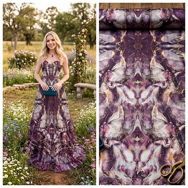 TECIDO TULE DE MALHA MÁRMORE FLUORESCENTE ROXO E DOURADO PARA CONFECÇÃO DE VESTIDOS, SAIAS, BLUSAS, ETC
