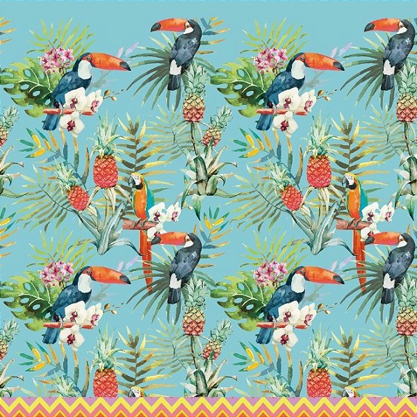 TECIDO FLUID FAARM 1 TUCANOS E BACAXIS AZUL PARA CONFECÇÃO DE VESTIDOS, SAIAS, BLUSAS, ETC