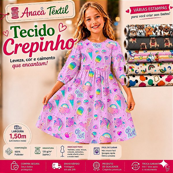 CREPINHO- COLEÇÃO INFANTIL 1 - UNICÓRNIO, JOANINHA, GIRAFA, CACHORRO PARA CONFECÇÃO DE VESTIDOS, SAIAS, BLUSA, ETC