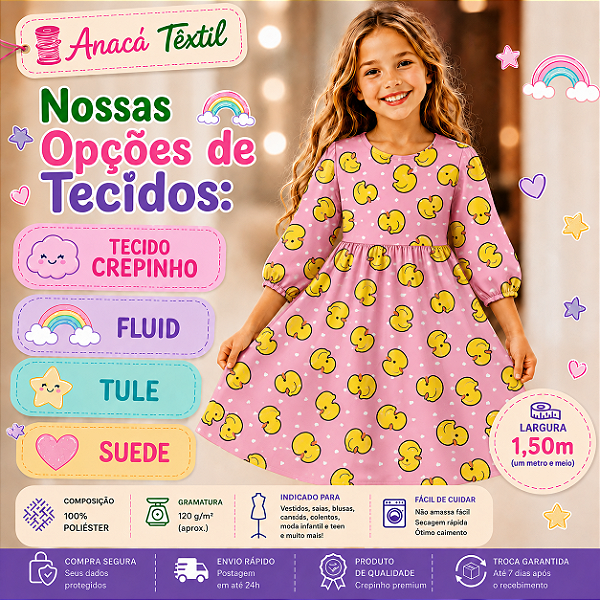TECIDOS TULE, CREPINHO, FLUID E SUEDE LIGHT - Patinhos e Corações Rosa - PARA CONFECÇÃO DE VESTIDOS, PIJAMAS, SAIAS, BLUSA, ETC