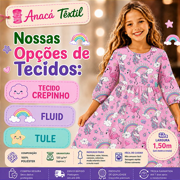 TECIDOS TULE, CREPINHO, FLUID E SUEDE LIGHT - Unicornio 10 Rosa - PARA CONFECÇÃO DE VESTIDOS, PIJAMAS, SAIAS, BLUSA, ETC