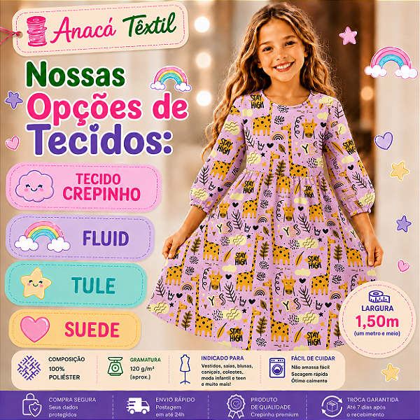TECIDOS TULE, CREPINHO, FLUID E SUEDE LIGHT - Girafas e Rabiscos Fundo Rosa - PARA CONFECÇÃO DE VESTIDOS, PIJAMAS, SAIAS, BLUSA, ETC