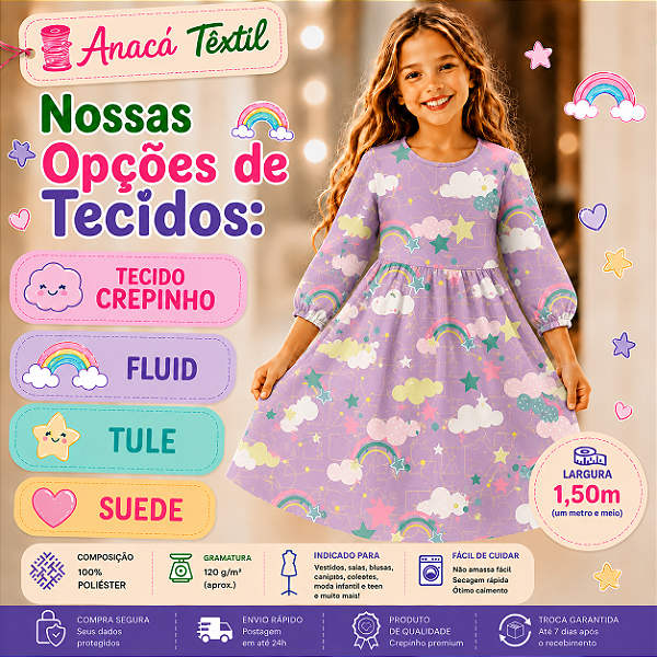 TECIDOS TULE, CREPINHO, FLUID E SUEDE LIGHT - Nuvens e Arco iris 1 Lilas - PARA CONFECÇÃO DE VESTIDOS, PIJAMAS, SAIAS, BLUSA, ETC