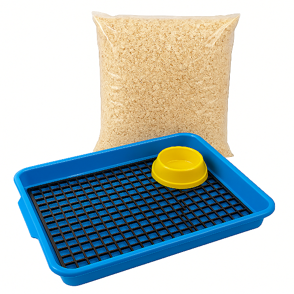 Kit Bandeja Sanitário Saniplus + Serragem e Comedouro Para Mini Coelho Porquinho da India Chinchila Cor Azul