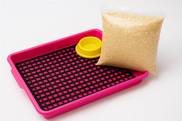 Kit Bandeja Sanitário Saniplus + Serragem e Comedouro Para Mini Coelho Porquinho da India Chinchila Cor Rosa