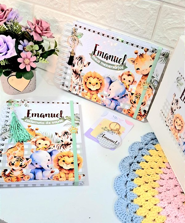 Kit Caderneta + Livro de bebê - Safari / Personalizado