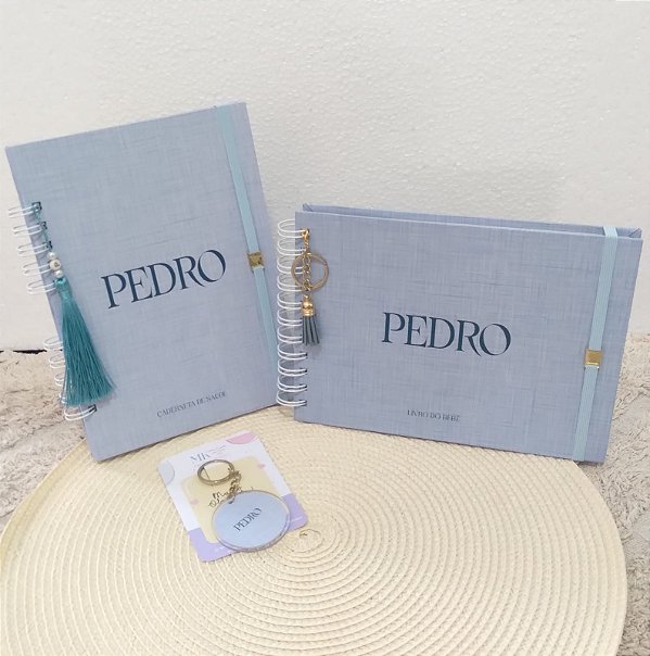 Kit Caderneta + Livro de bebê - Linho menino / Personalizado