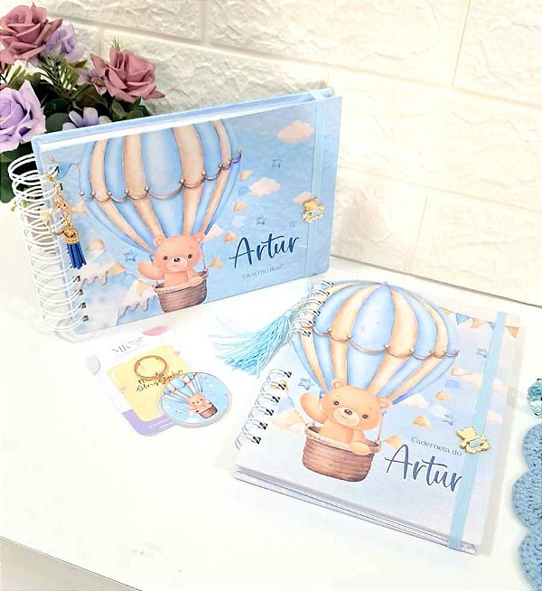 Kit Caderneta + Livro de bebê - Ursinho Baloeiro / Personalizado