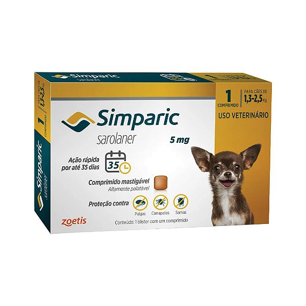 Antipulgas Simparic 5mg Para Cães 1,3 a 2,5kg 1 comprimido