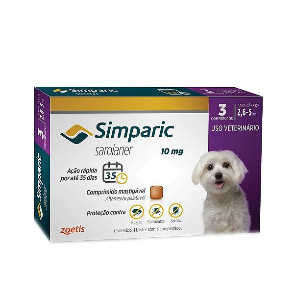 Antipulgas Simparic 10mg Para Cães 2,6 a 5kg 1 comprimido
