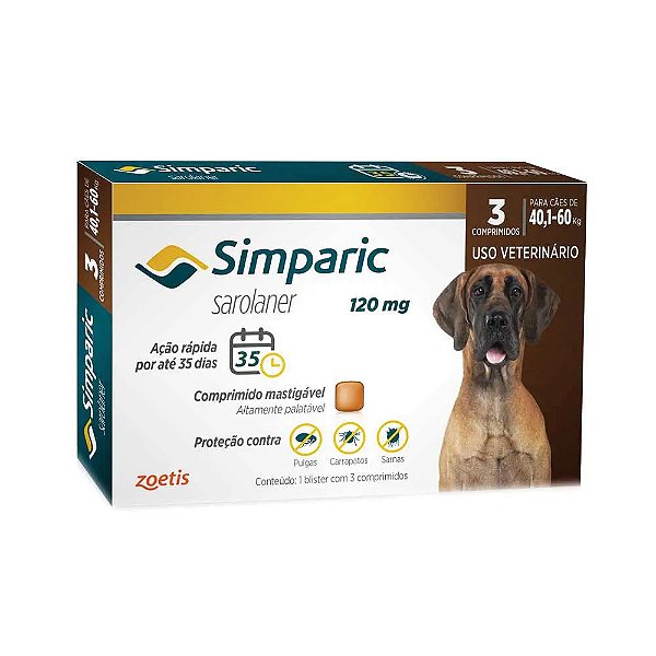 Antipulgas Simparic 120mg para cães de 40 a 60kg Cães - 1 comprimidos