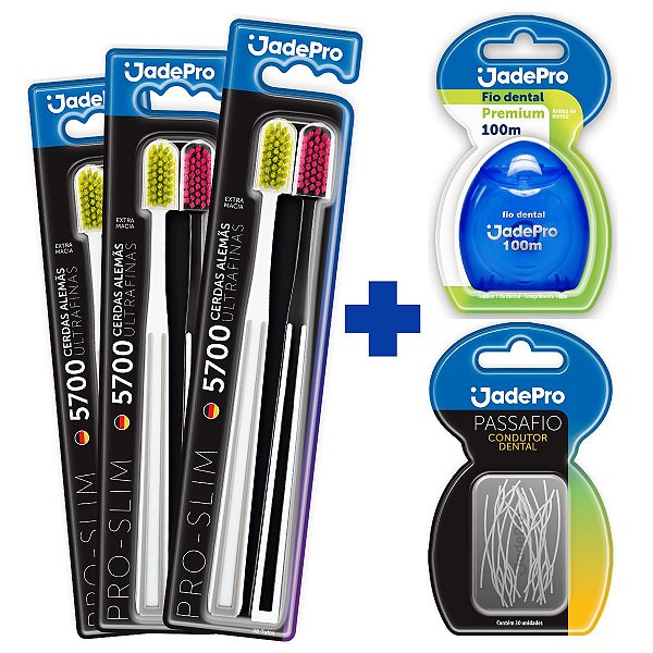 Kit 6 Escovas de Dente Premium 5700 + 1 Fio Dental Premium + 1 Caixa de Passa Fio Jadepro
