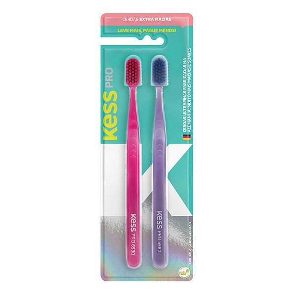 Kit 2 Escova Dental Kess Pro Extra Macia - Rosa E Roxo