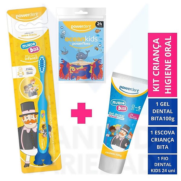 Kit Higiene Oral Criança - 1 Escova 1 Gel Dental 1 Fio Dental Powerdent