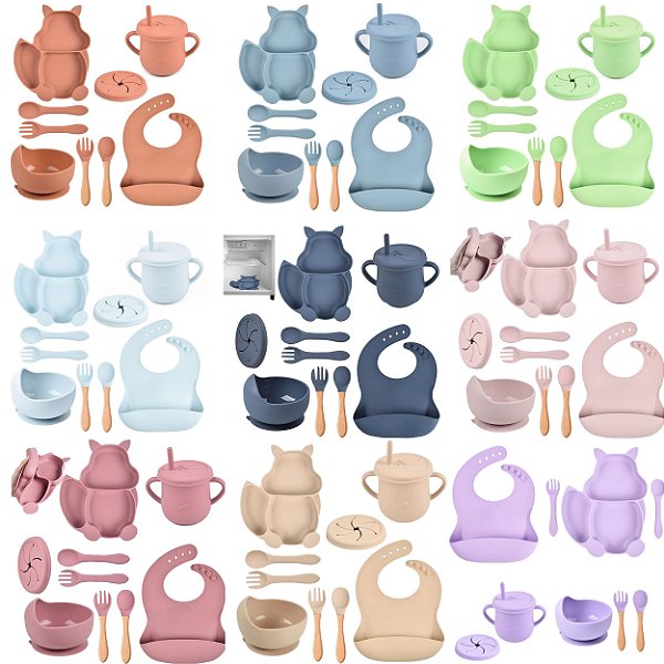 Babador De Silicone Com Acessórios Jarra Talheres Tigela Prato Formato De Esquilo Ajustável Bebes Crianças Pequenas