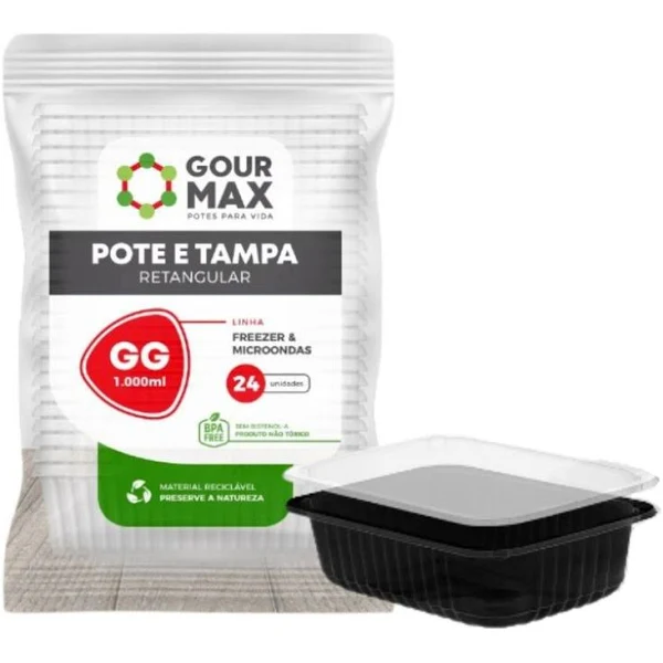 GOUR MAX POTE RETANGULAR  PRETO  1000 ML C/TAMPA  24 UNID.   PCT