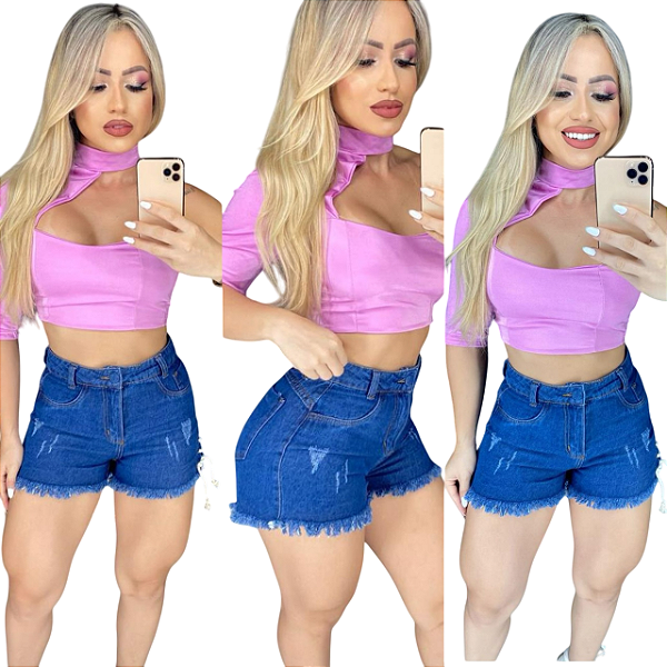 Short jeans sem elastano com barra desfiada