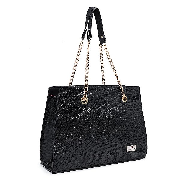 Bolsa Preta Texturizada com Alça de Corrente