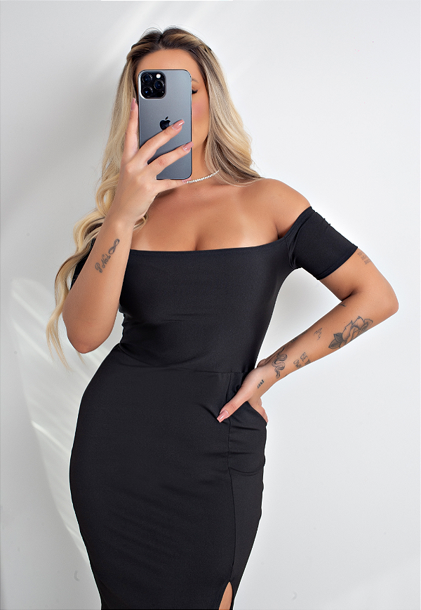 Vestido Longo Tubinho Ombro a Ombro com Fenda Original