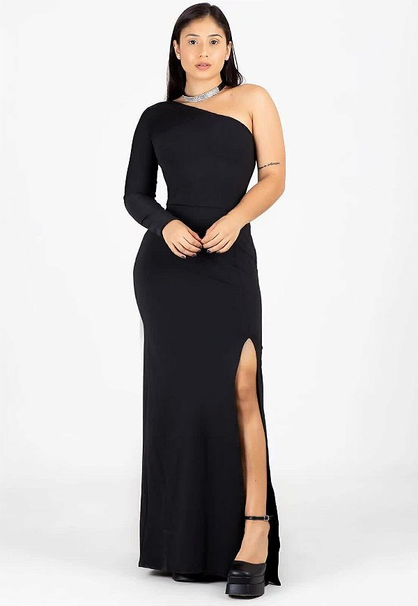 Vestido Tubinho com Fenda Uma Manga Preto Longa