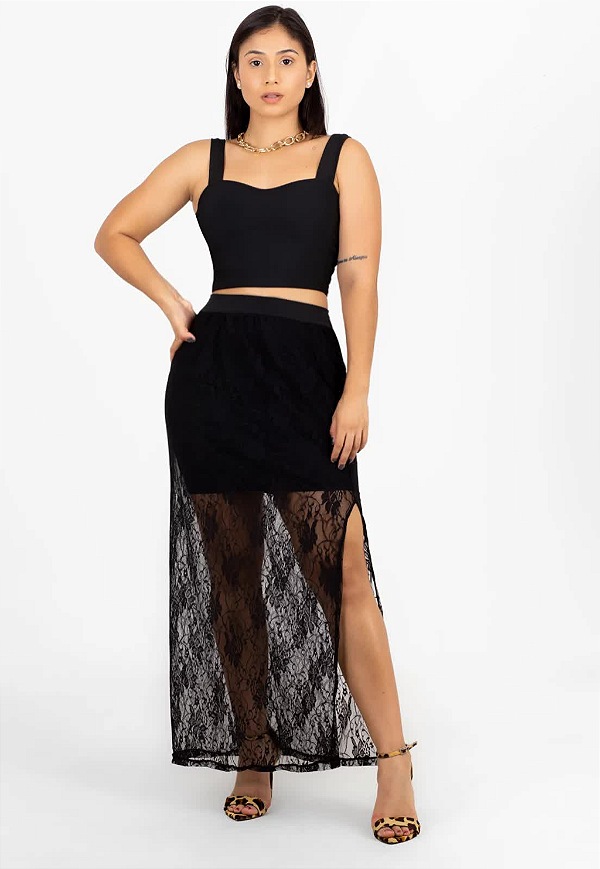 Conjunto Cropped e Saia de Renda com Fenda Lateral Preto