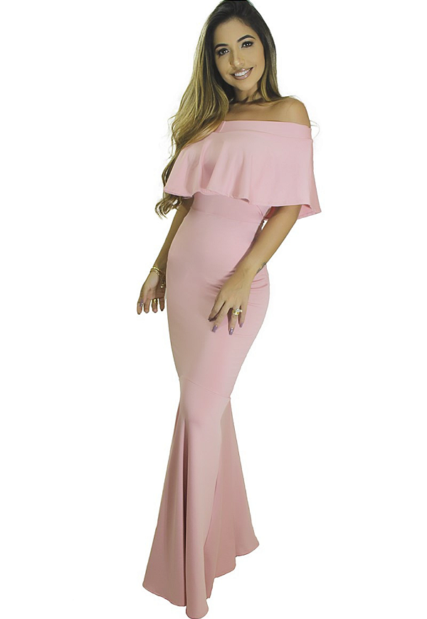Vestido Longo Ombro a Ombro com Babado Elegante e Rabo de Sereia Festa