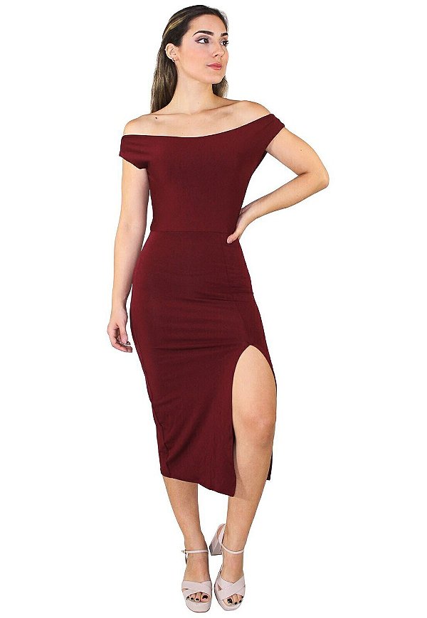 Vestido Ombro a Ombro com Fenda Feminino